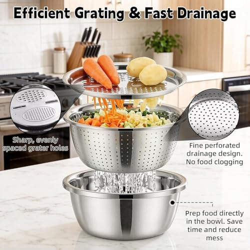 3 in 1 Stainless Steel Mixing Bowls Set - Multifunctional Colander with Grater & Vegetable Slicer, Stackable Kitchen Strainer Drain Basket for Rinsing, Washing, Mixing & Food Prep, Food Grade, 3Pcs