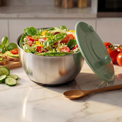 Stainless Steel Salad Spinner, 5.3 Qt Lettuce Dryer with Slicer &