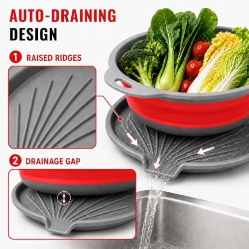 2 Collapsible Colanders with Self-Draining Tray (Red)