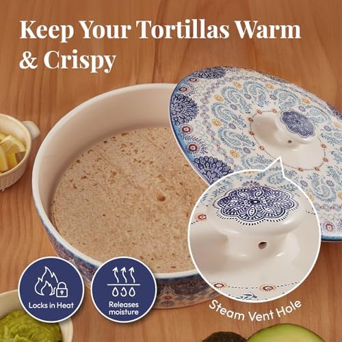 Bico Ceramic Tortilla Warmer with Lid, 8.9 Inch, Blue Talavera