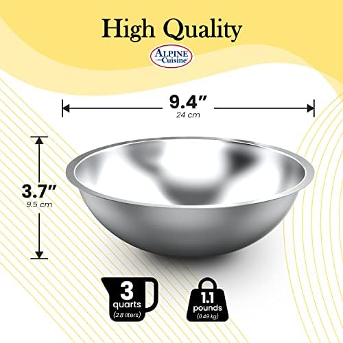 Alpine Cuisine 3-Quart Stainless Steel Kitchen Mixing Bowls, Salad
