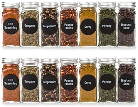 4oz, BEST VALUE 14 Glass Spice Jars includes pre-printed 113 CLEAR PVC