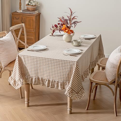 Checkered 100% Washed Cotton Tablecloth Ruffle Gingham Taupe, 60"×120"