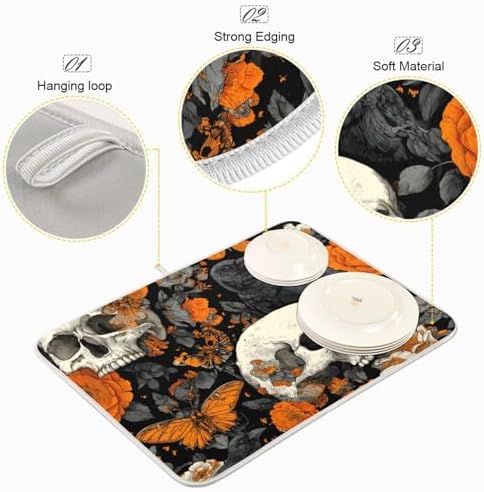 OTVEE Macabre Butterfly Art Dish Drying Mat for Kitchen Counter