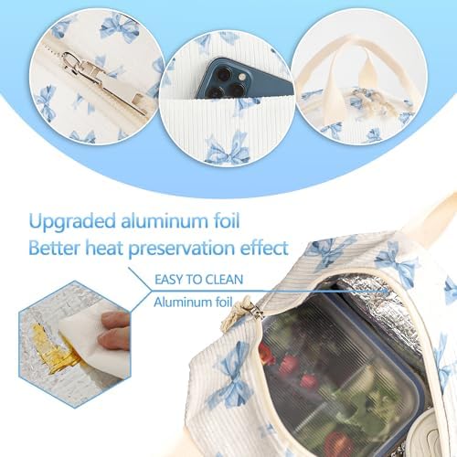 Lunch Box for Girls, Blue Bow Tie, Corduroy Lunch Bag for Women