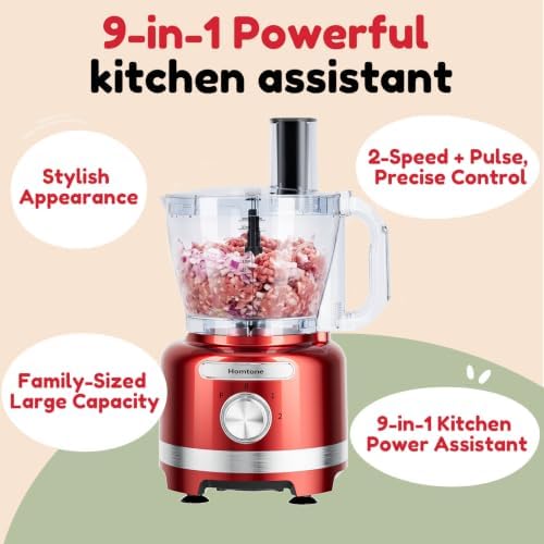 Homtone 16-Cup Food Processor with French Fry Cutter, Red