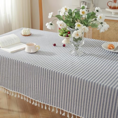 meioro Rectangle Striped Tassels Tablecloth Cotton Blend Stain and