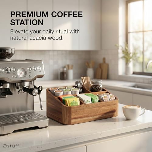 Dstuff Acacia Wood Coffee Station Organizer for Countertop, Tea