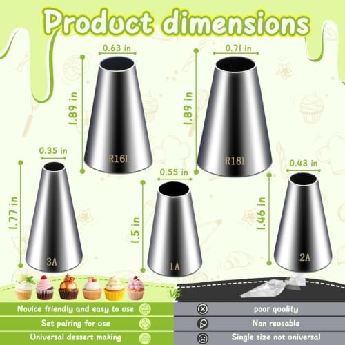 Hendiy 5 Pieces Large Round Piping Tip Set, Stainless Steel