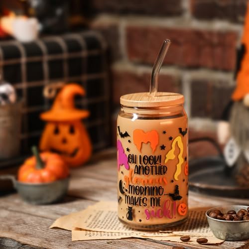 Halloween Glass Cups Witch Drinking Glass Cup with Lid and Straw 16oz