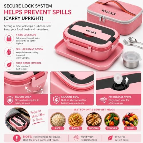 WALKA Stainless Steel Bento Lunch Box, 4 Compartments, Pink