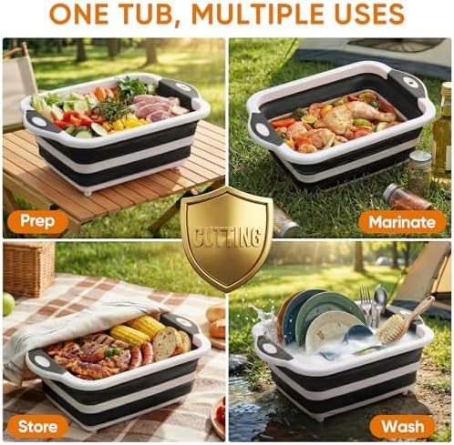 Collapsible BBQ Prep Tub with Lid, Foldable Camping Sink with