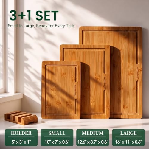 Empune Bamboo Cutting Board Set with Stand & Juice Grooves, Deep