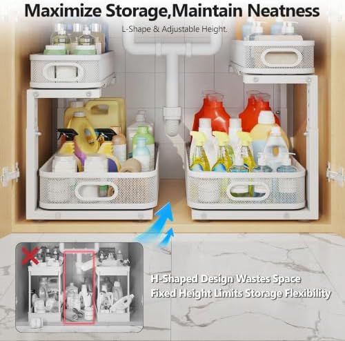 2 Pack Under Sink Organizer With Smooth Cylindrical Rail,2-Tier Pull