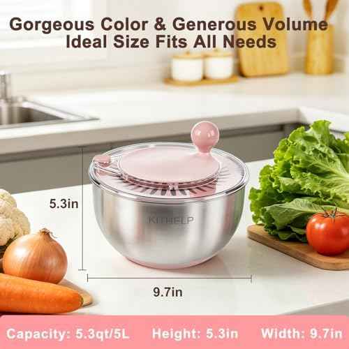 Stainless Steel Salad Spinner Large, Vegetables Fruits Wash Bowl with Strainer, Lettuce Spinner Dryer with Lid and 5 Blades Slicer, Egg Yolk Strainer, Shredder for Efficient Salad Preparation 5.3Qt