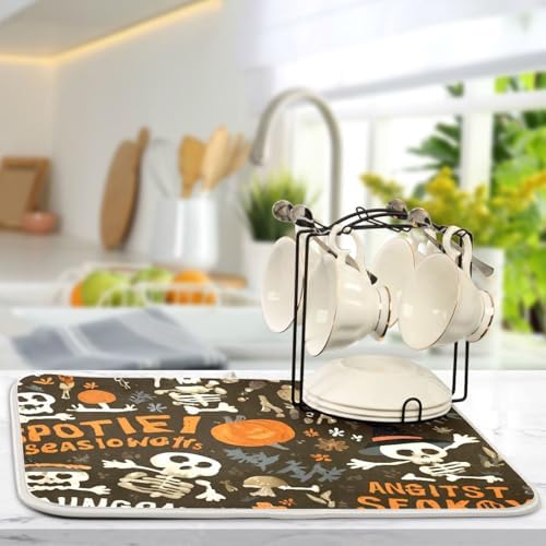 OTVEE Creepy Pumpkin Art Dish Drying Mat for Kitchen Counter Absorbent