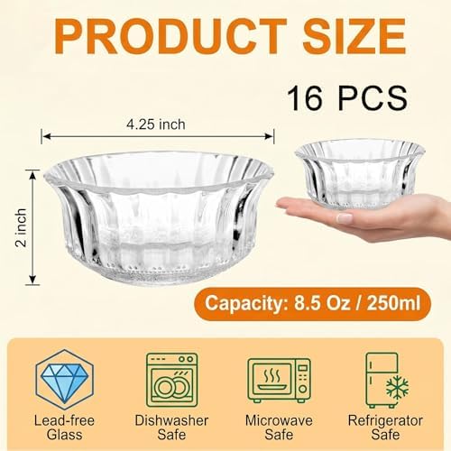 Frcctre 16 Pack 4 Inch Glass Bowls, 8.5 Oz Small Glass Prep Bowls