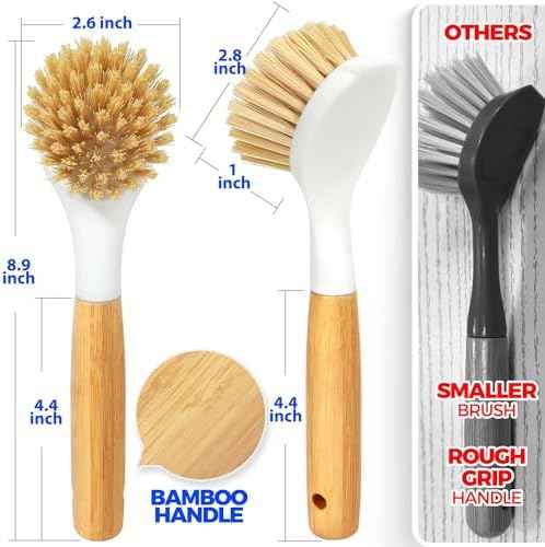 Holikme 3 Pack Dish Brush Set, Bamboo Handle, White Black