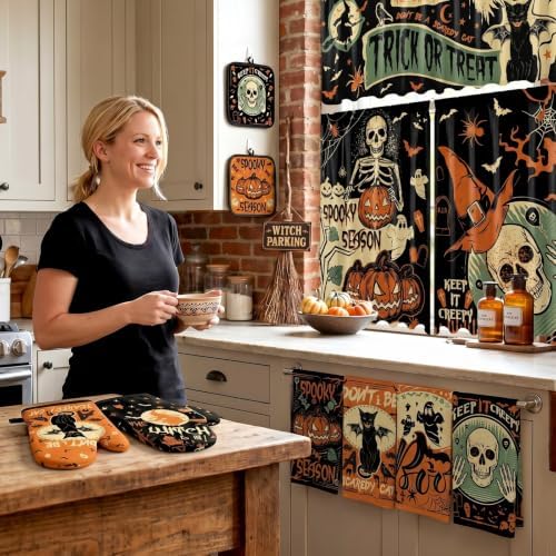 13 Pcs Vintage Gothic Halloween Kitchen Decor, Kitchen Rugs Curtains