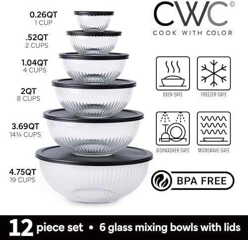 COOK WITH COLOR 12 Pc Glass Mixing Bowl Set with Lids – Borosilicate