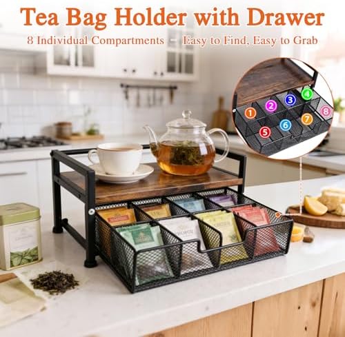 Tea Bag Organizer, Wooden Tea Storage Box with Metal Drawer