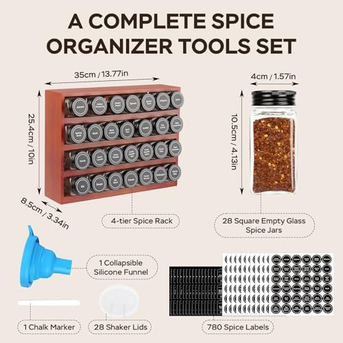 Bamboo Spice Rack Organizer with 28 Glass Spice Jars 4 oz Set Cherry