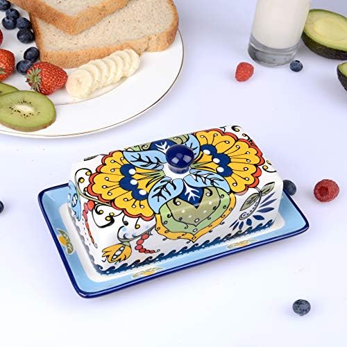 NAGU Hand Drawn Ceramic Butter Dish with Lid, Farmhouse Butter Plate