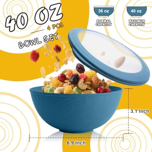 Wheat Straw Bowls Set with Lids, Unbreakable 40 OZ Cereal Bowls Set of
