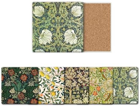HUXJOKO Coasters for Drinks Set of 6,William Morris Floral Pattern