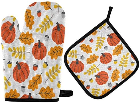 QMXO Halloween Leavs Pumpkins Oven Mitts Quilted Cotton Lining