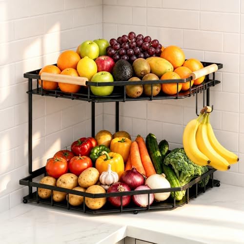 2 Tier Corner Fruit Basket for Kitchen Counter With 2 Banana Hangers