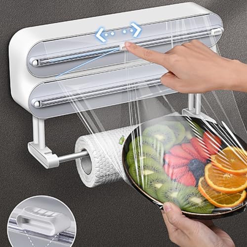 AUSTUFF 3 in 1 Plastic Wrap Dispenser with Cutter Magnetic Aluminum Foil