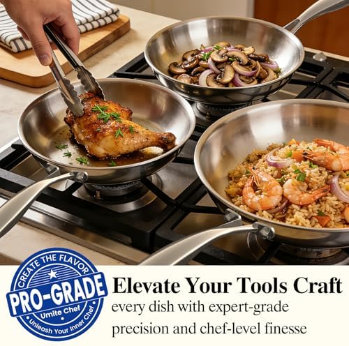 Stainless Steel Frying Pan Set with Lid, Umite Chef 3Pcs Skillet Set