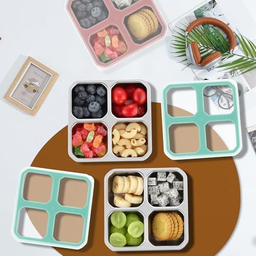 BEFOY 4 Pack Stainless Steel Snack Containers with Lids, 4 Compartment