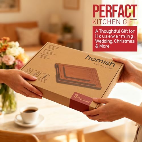 Large Bamboo Cutting Board 3 Piece Set with Juice Groove & Handle