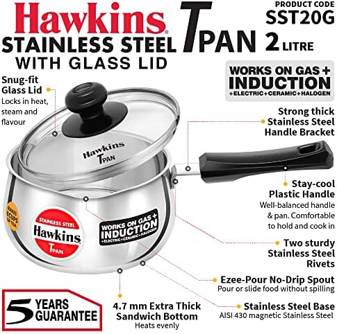 Hawkins 2 Litre Tpan, Stainless Steel Tea Pan with Glass Lid