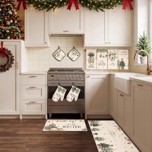 10 Pcs Hello Winter Christmas Kitchen Set Towels Mats Pot Holders