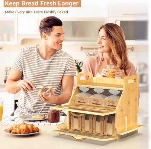 BAMBANG Bread Box for Kitchen Countertop, Extra Large Double Layer Bamboo Breadbox with Clear Window, Farmhouse Wooden Bread Storage Container for Homemade Bread, Knife & Cutting Board Holder, Natural
