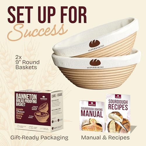 Superbaking Sourdough Banneton Bread Proofing Basket, 9" Round, Set of