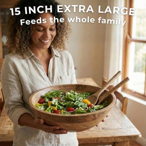 Extra Large Wooden Salad Bowl 15" with Serving Utensils - Large Wood