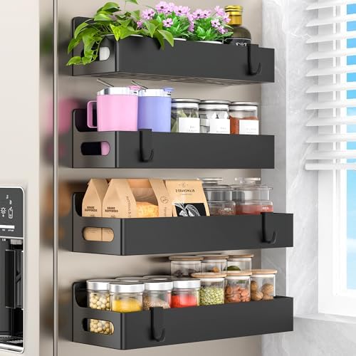 HuggieGems 4 Pack Black Magnetic Refrigerator Spice Racks