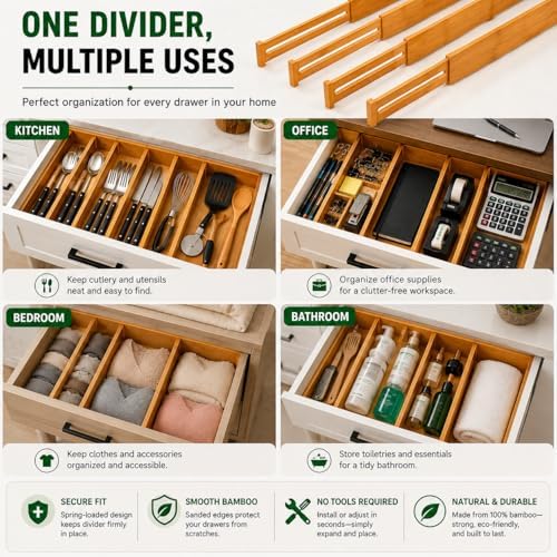 Bamboo Drawer Dividers 4 Pack, Adjustable Spring Loaded Drawer