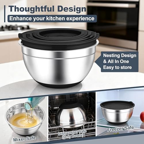 TeamFar Mixing Bowls, Stainless Steel Salad Bowls with Lids - Black