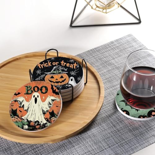 Halloween Drink Absorbent Coasters with Holder Set of 6, Ceramic Stone