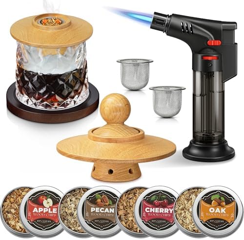 Whiskey Smoker Kit with Torch Lighter, 4 Flavor Wood Chips + 2pcs Mesh