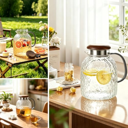 2L Square Glass Pitcher with Lid and Spout, Borosilicate Glass Carafe