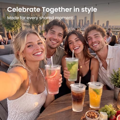INSETLAN 20 oz Ribbed Glass Tumblers with Lids and Glass Straws