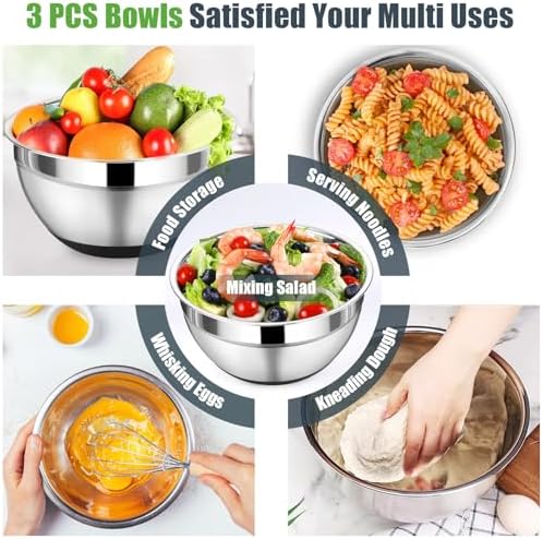 P&P CHEF Mixing Bowl with Lid Set of 3, Stainless Steel Salad Bowls