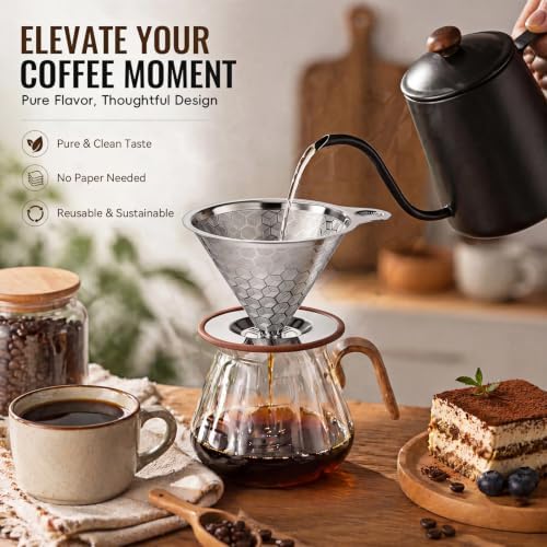 Pour Over Coffee Dripper, Triple-Layer Stainless Steel 800-Mesh Filter