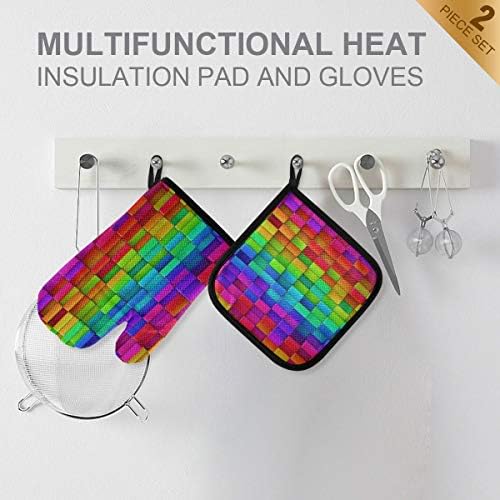 QMXO Abstract Rainbow Blocks Geometric Oven Mitts Quilted Cotton